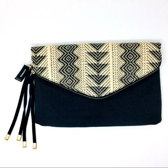 Express Clutch Envelope Tribal Aztec Woven Raffia Gold Tone Tassel Detail 13"x8" - Picture 2 of 7
